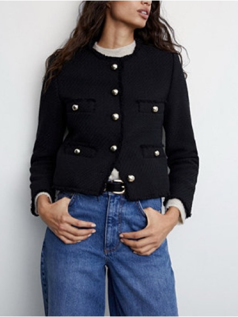 MANGO Classic Black Bouclé Jacket with Gold Buttons